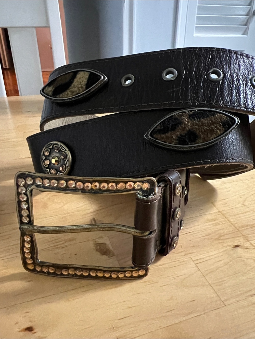 Genuine Cowboy Leather Womens Belt with Studded crystal  Buckle - Brown